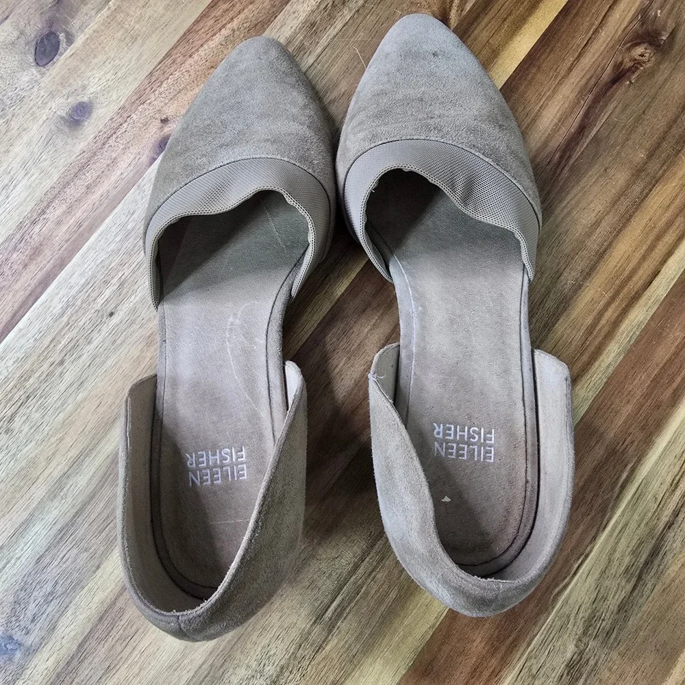Eileen Fisher Wedge Pumps Womens 8.5 Taupe Suede dOrsay Elastic Strap Minimalist
